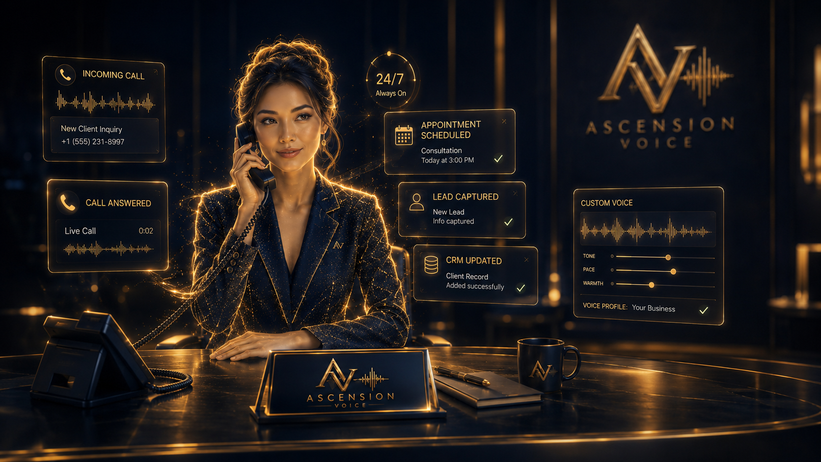Ascension Voice AI receptionist answering an incoming call with live call cards floating around her.
