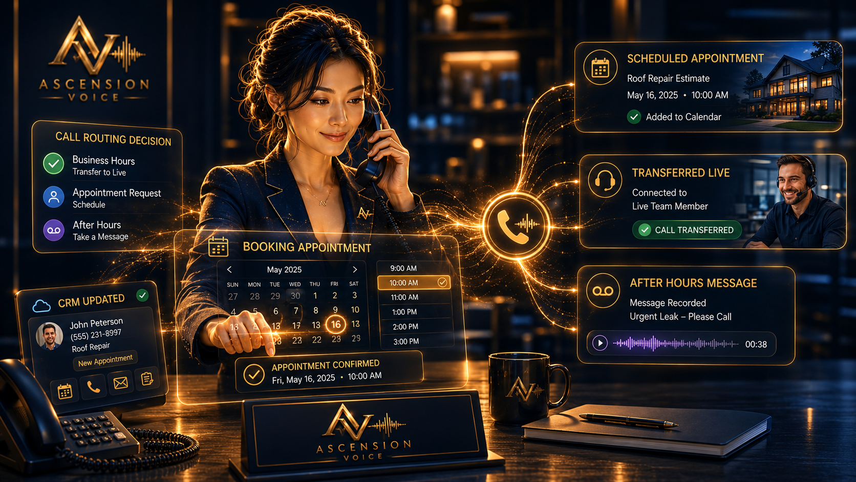Ascension Voice AI receptionist booking an appointment with schedule, transfer, take-message, and routing rules panels around her.