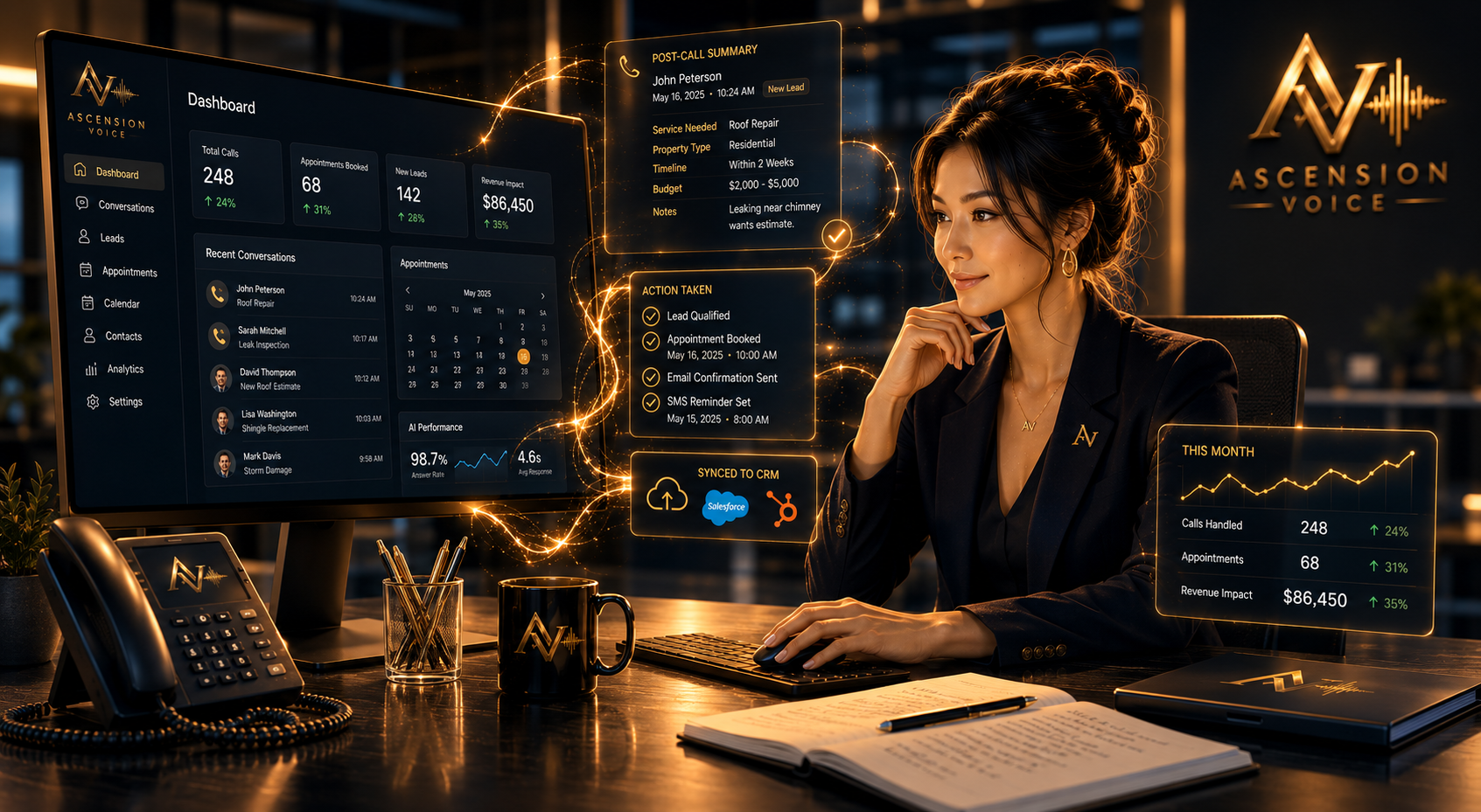 Ascension Voice AI dashboard showing call logs, appointments, post-call summary, CRM sync, and monthly performance metrics.